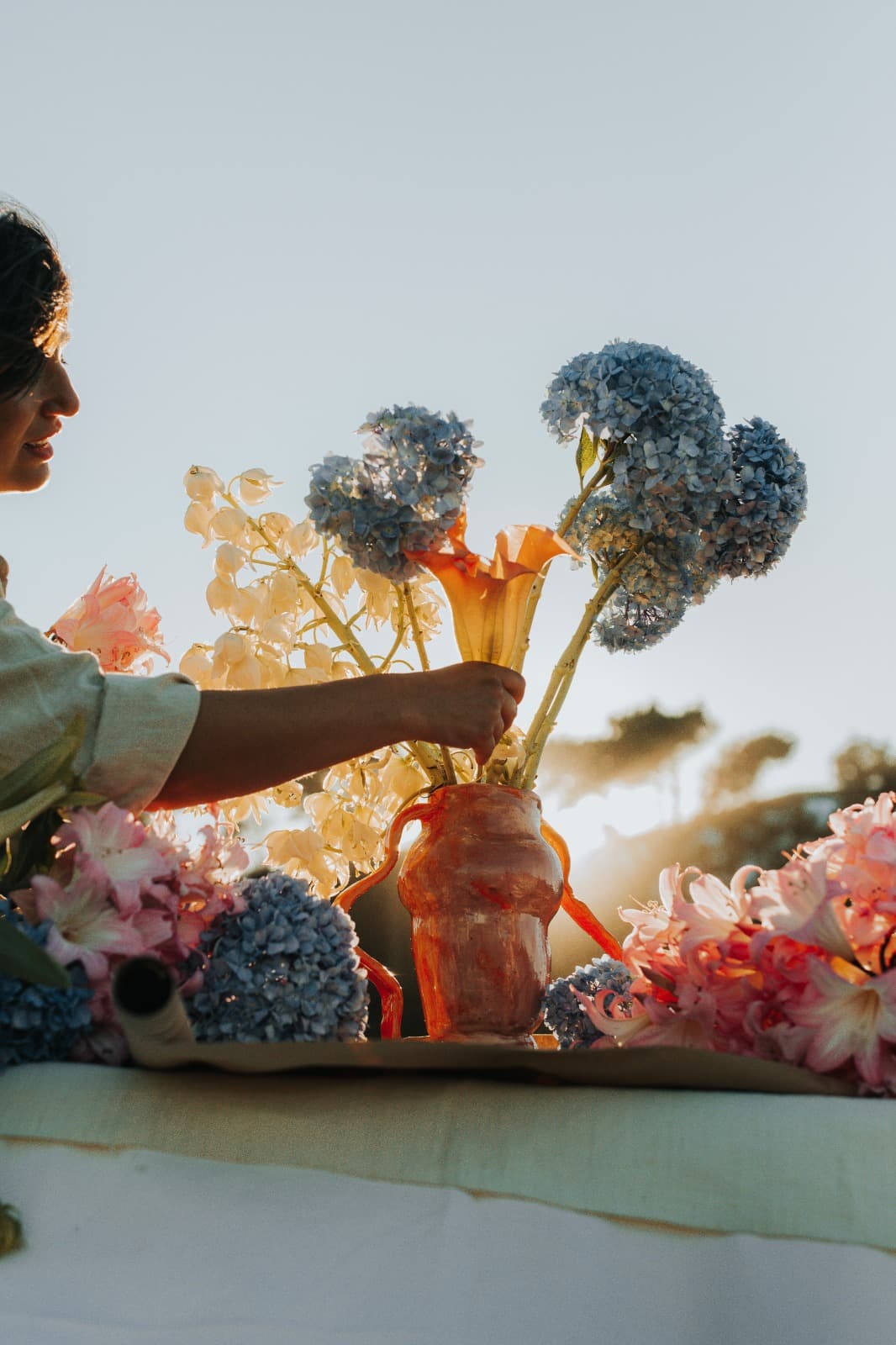 A hand placing a stem into a terracotta vase filled with blue hydrangea, golden hour
